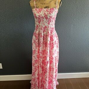 American Tall Pink White Floral Tiered Maxi Dress Smocked Tall